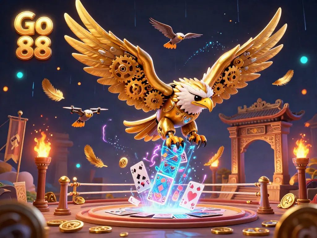 Engage in thrilling action with the Go 88 animated 3D illustration of a cybernetic eagle among casino elements.