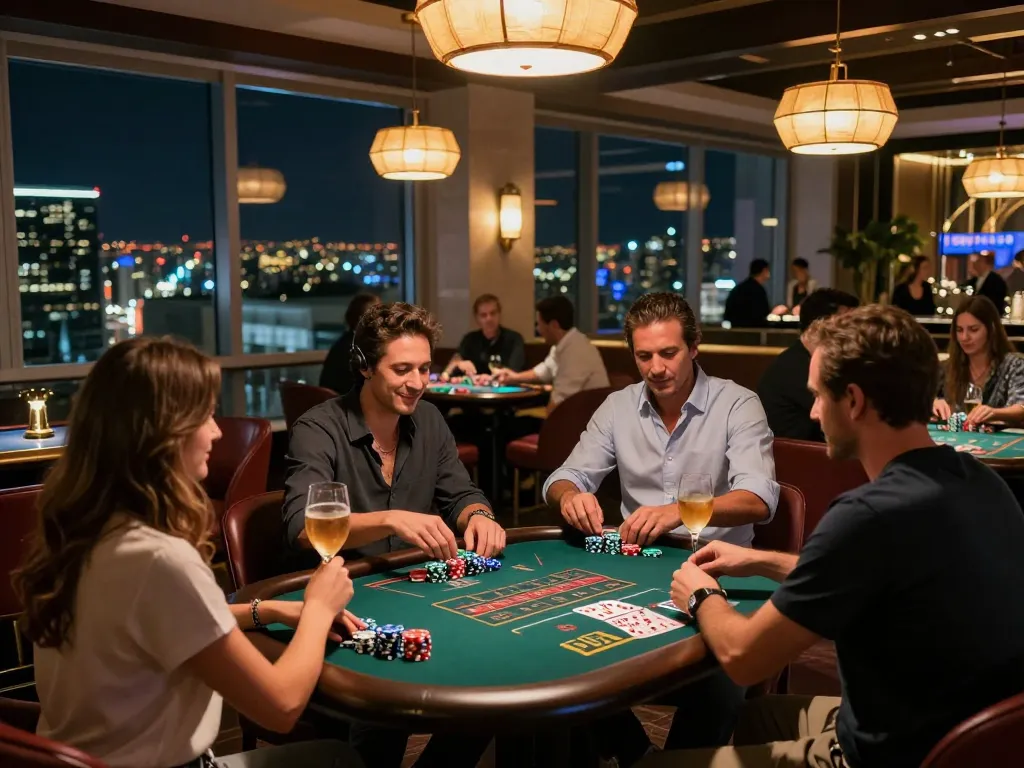 Social scene at a casino bar highlighting 79KINH with players enjoying games and drinks while celebrating wins
