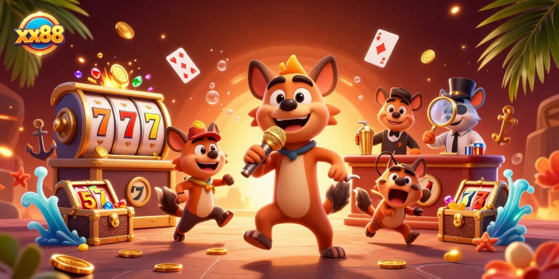 Experience thrilling fun with xx88 in a vibrant casino scene filled with hyenas and playful gaming elements.