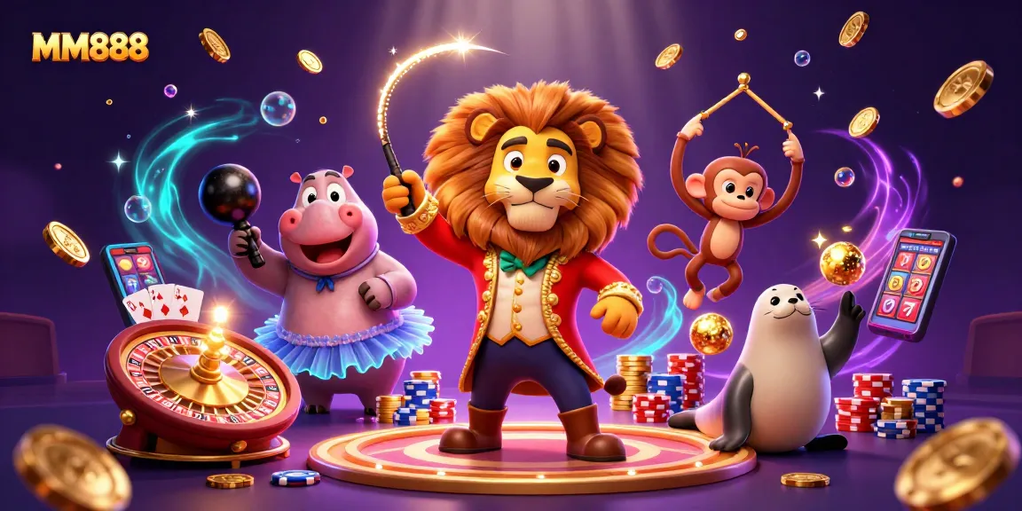 Experience MM888 excitement with a lively circus scene featuring games and vibrant characters.