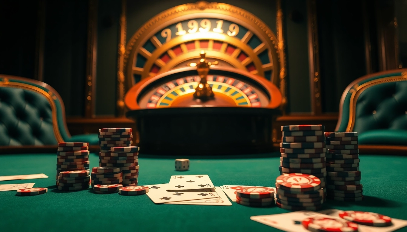 79KING casino scene showcasing lavish poker chips and a roulette wheel in an elegant gaming environment.