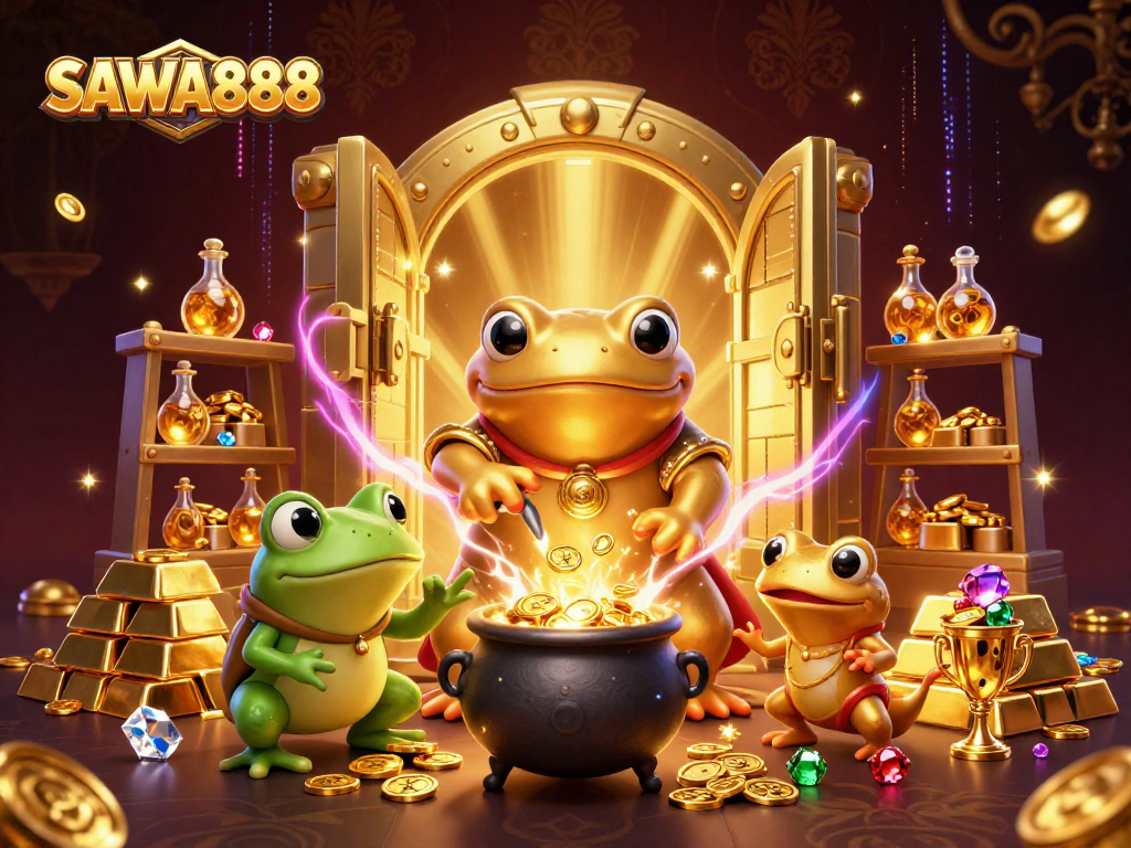 Spin and win big with SAWA888's vibrant 3D casino illustration featuring golden treasures and magical elements.