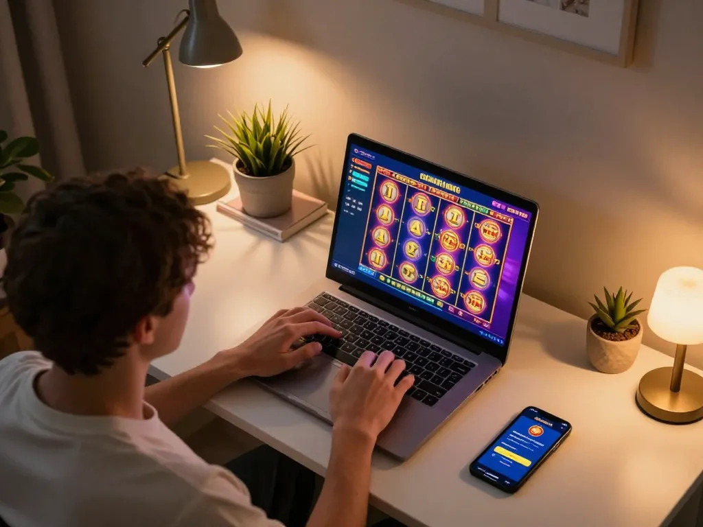 Player engaging with hytw3339 online casino app on laptop, showcasing a vibrant gaming atmosphere.
