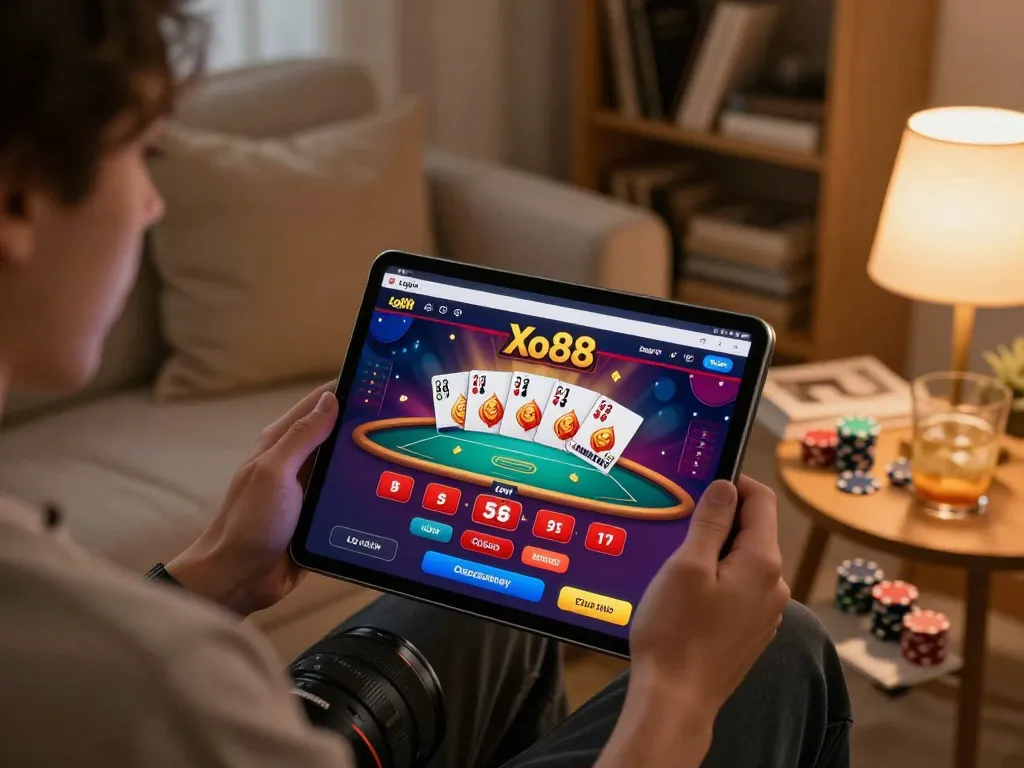 Engaging scene of a player using Login Xo88 app on a tablet, showcasing poker interface in a cozy home setup.