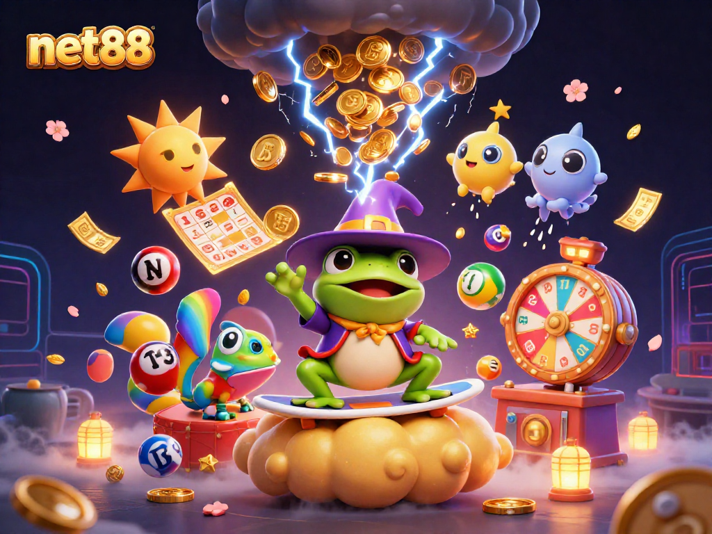 Experience net88's magic as a wizard frog conjures coins amidst a vibrant gambling scene.