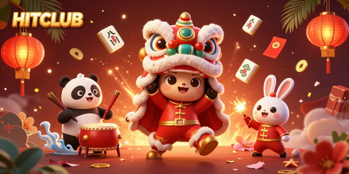 Engage in HITCLUB's vibrant gaming scene with dynamic characters celebrating wins among festive decorations.