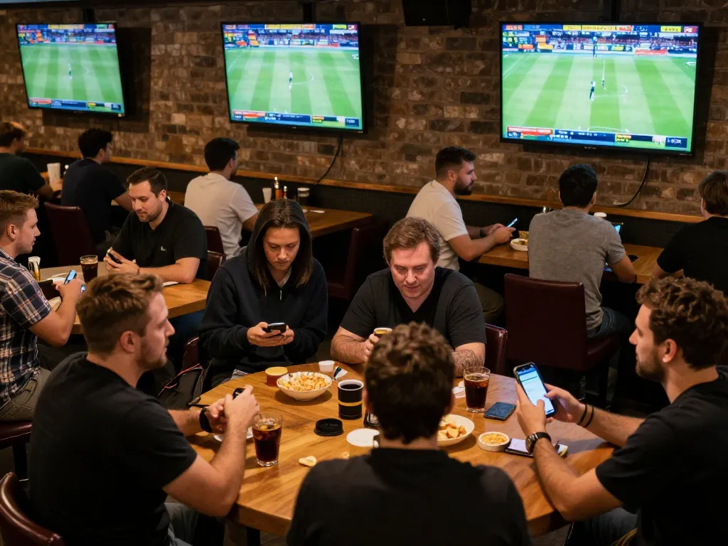Experience the thrill of sports betting as Nowgoal users place bets in a lively sports bar.
