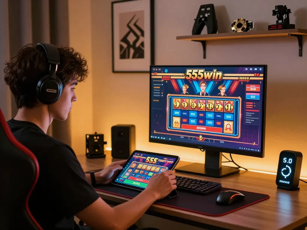 Gamer engaging with 555win online betting platform, showcasing strategic gameplay.