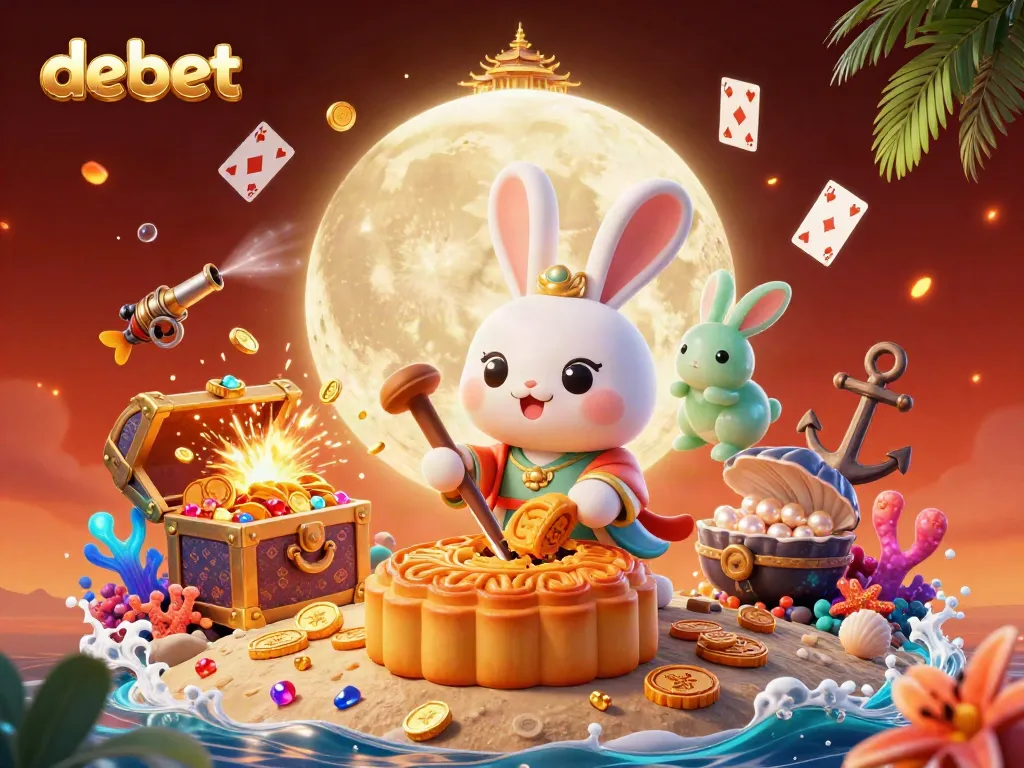 Experience the excitement of debet with a vibrant 3D casino scene featuring playful rabbits and gaming elements.