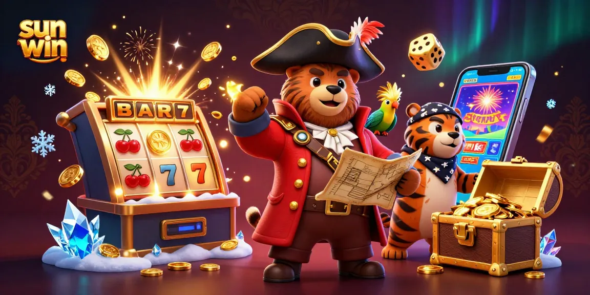 Experience thrilling wins at Sun Win with pirates and treasures in a vibrant online casino illustration.