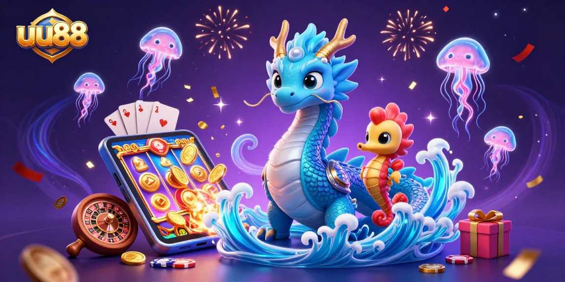 uu88 players engaging with a vibrant underwater casino scene, featuring neon fish and a mystical dragon.
