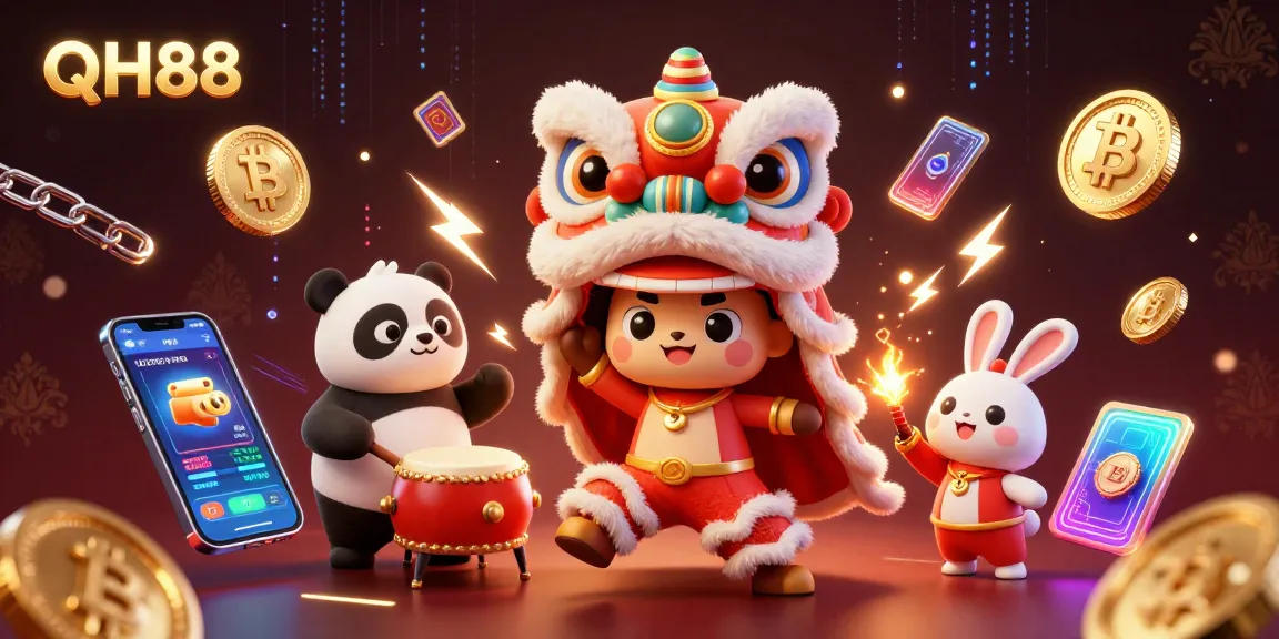 Win big with QH88 in a vibrant 3D casino scene featuring crypto symbols and festive characters.