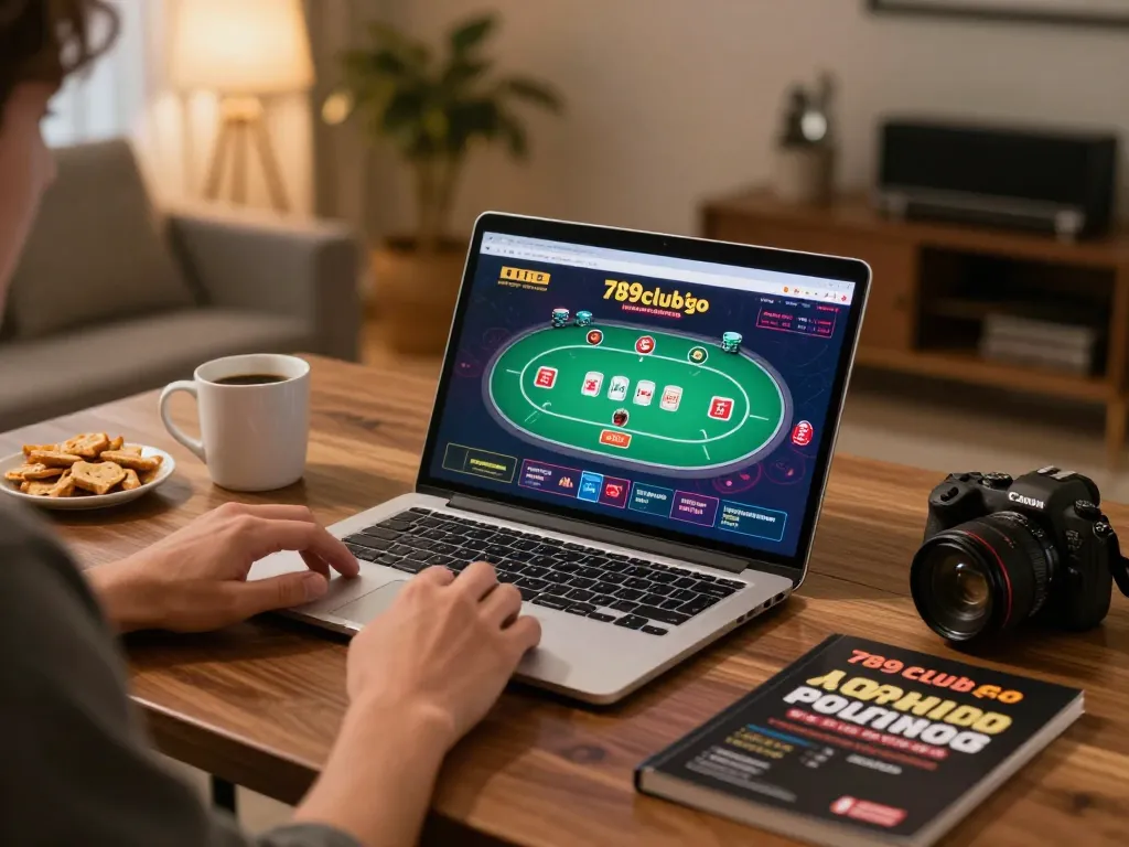 Experience online gaming excitement at 789clubgo with a cozy home setup featuring a laptop and poker game.