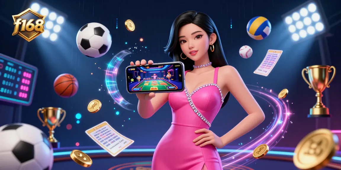 Enjoy thrilling gaming at f168 with a stylish woman showcasing live dealer action on her smartphone, surrounded by dynamic casino elements.