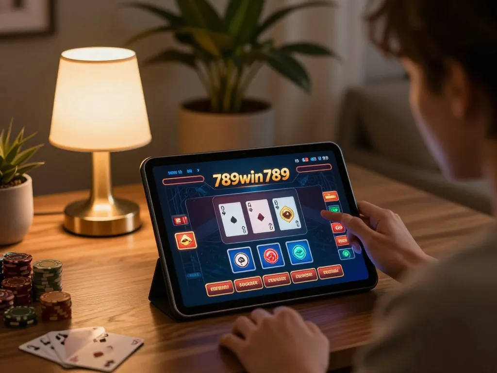 Engaging with 789win789 online betting interface at a cozy home desk setup.