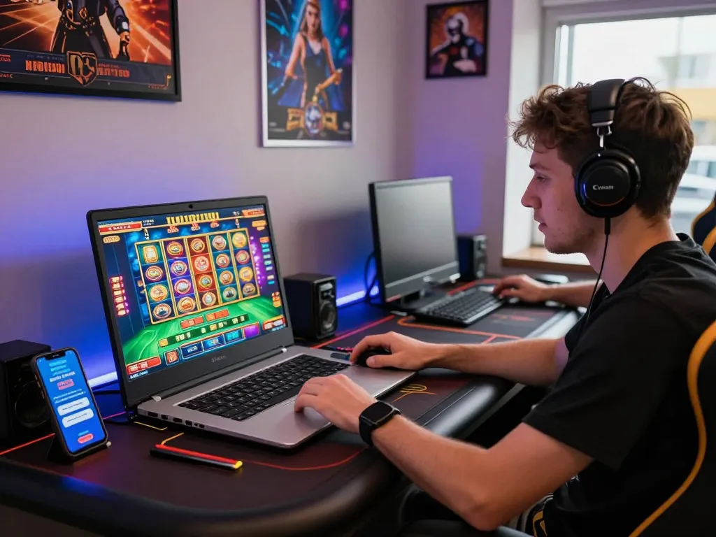 Engaging scene of a player tải sunwin and enjoying online gaming thrills at home, showcasing vibrant graphics and a stylish setup.
