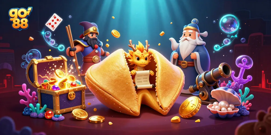 Experience thrilling wins at go 88 with a vibrant scene of fortune cookies, gold, and gaming elements.