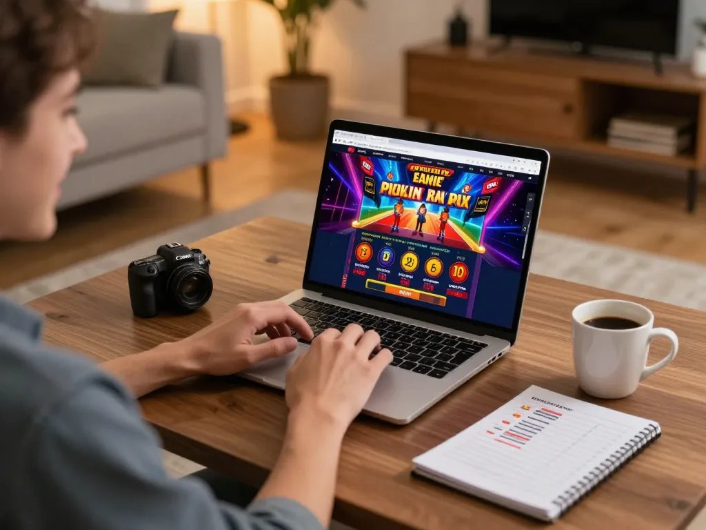 Person enjoying online casino gameplay with 98win01 displayed on the laptop, cozy home setting