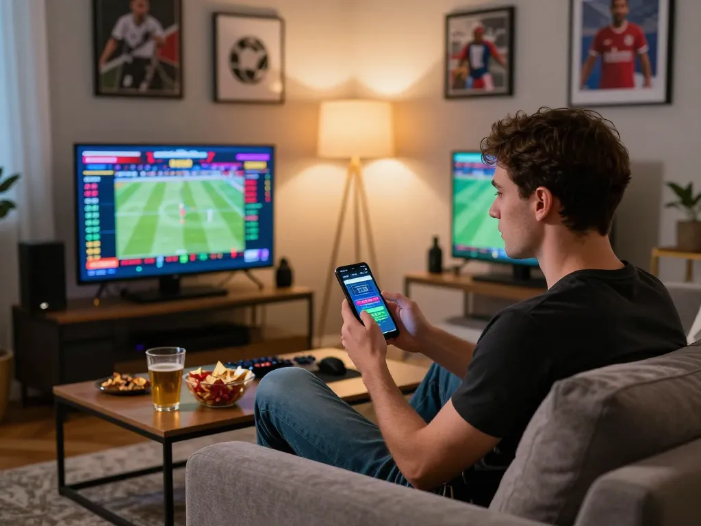 90phut sports betting fanatic analyzing live odds on multiple screens in a cozy home setting.