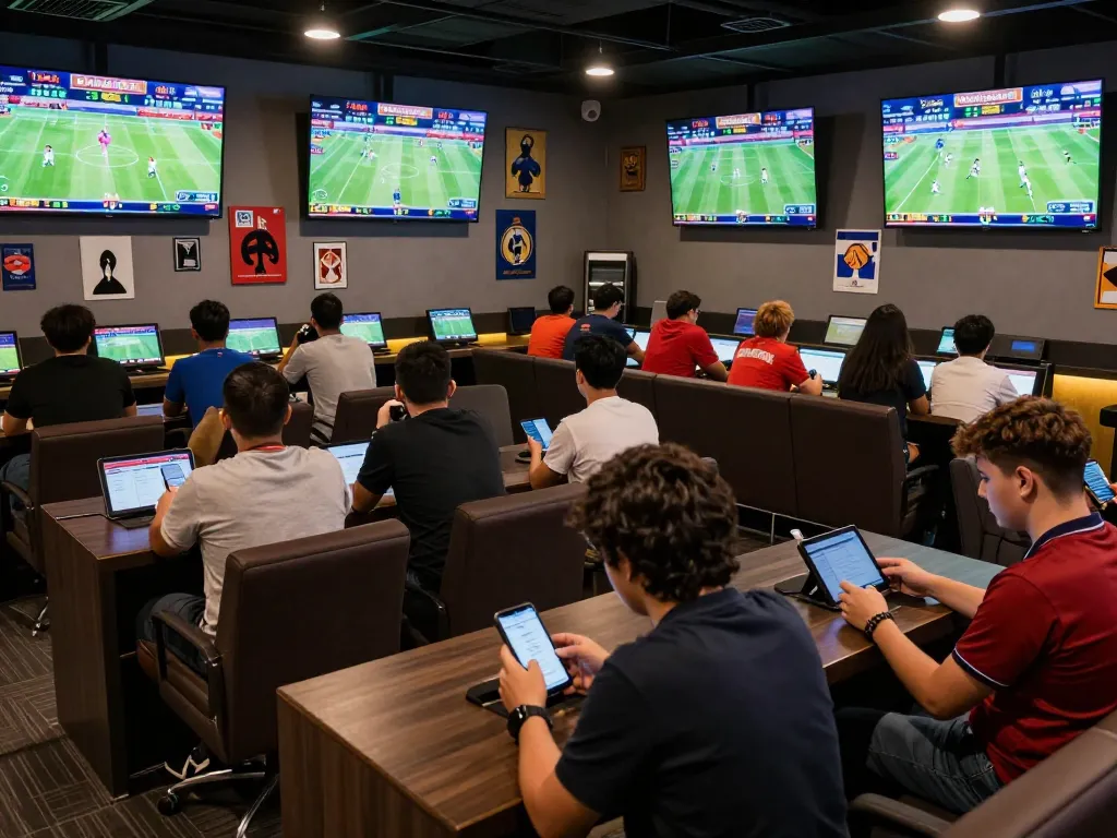 Watch excited bettors evaluating tỷ lệ kèo trực tuyến in a vibrant sports betting lounge.