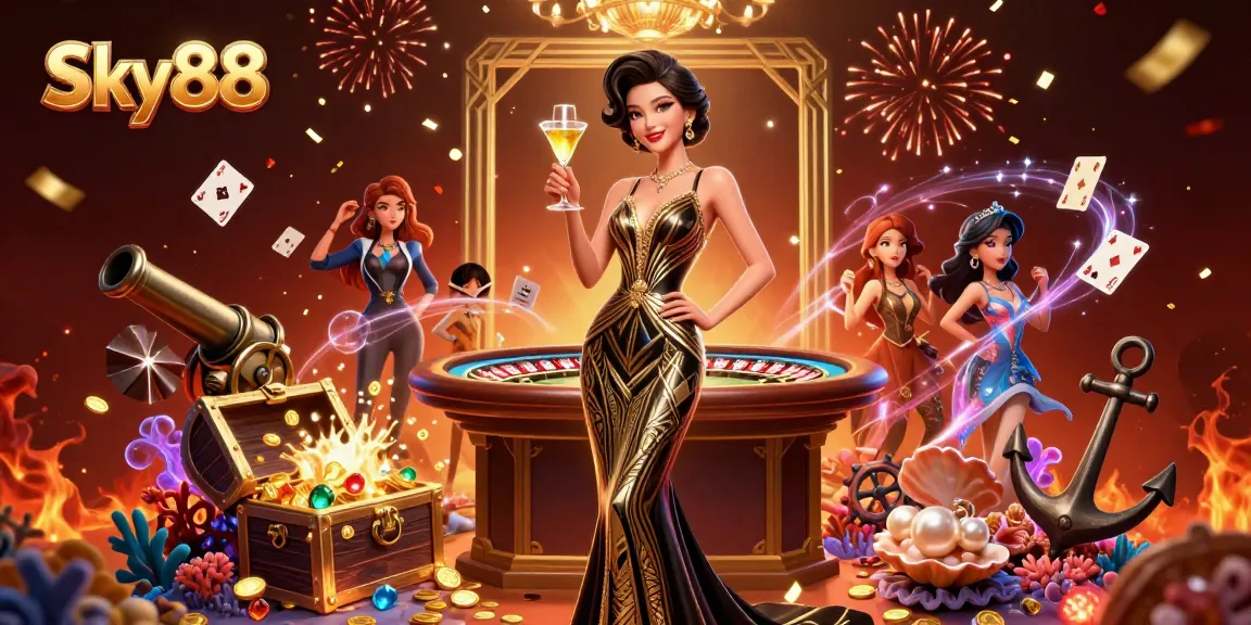Experience thrilling gaming action at Sky88 with an elegant Asian woman at a vintage roulette table.