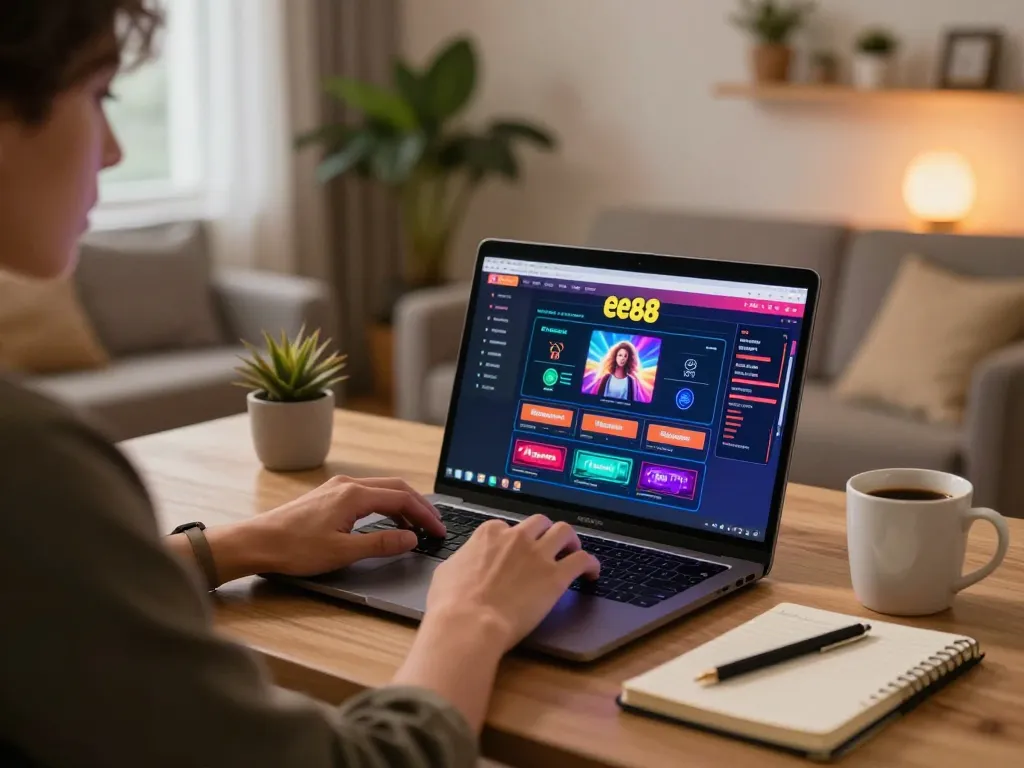 Player engaging with the ee88 casino interface on a laptop in a cozy home environment