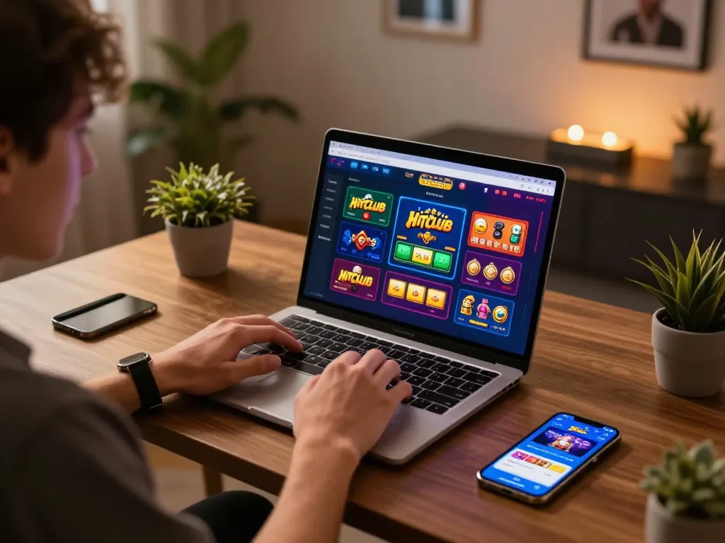 Engaged gambler using Hitclub online interface on laptop while enjoying a cozy gaming atmosphere