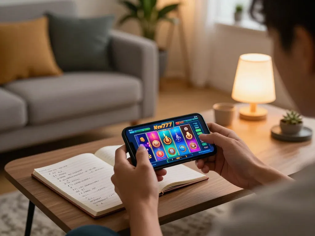 Player enjoying the km777 app on a smartphone in a cozy living room, highlighting responsible online gambling.