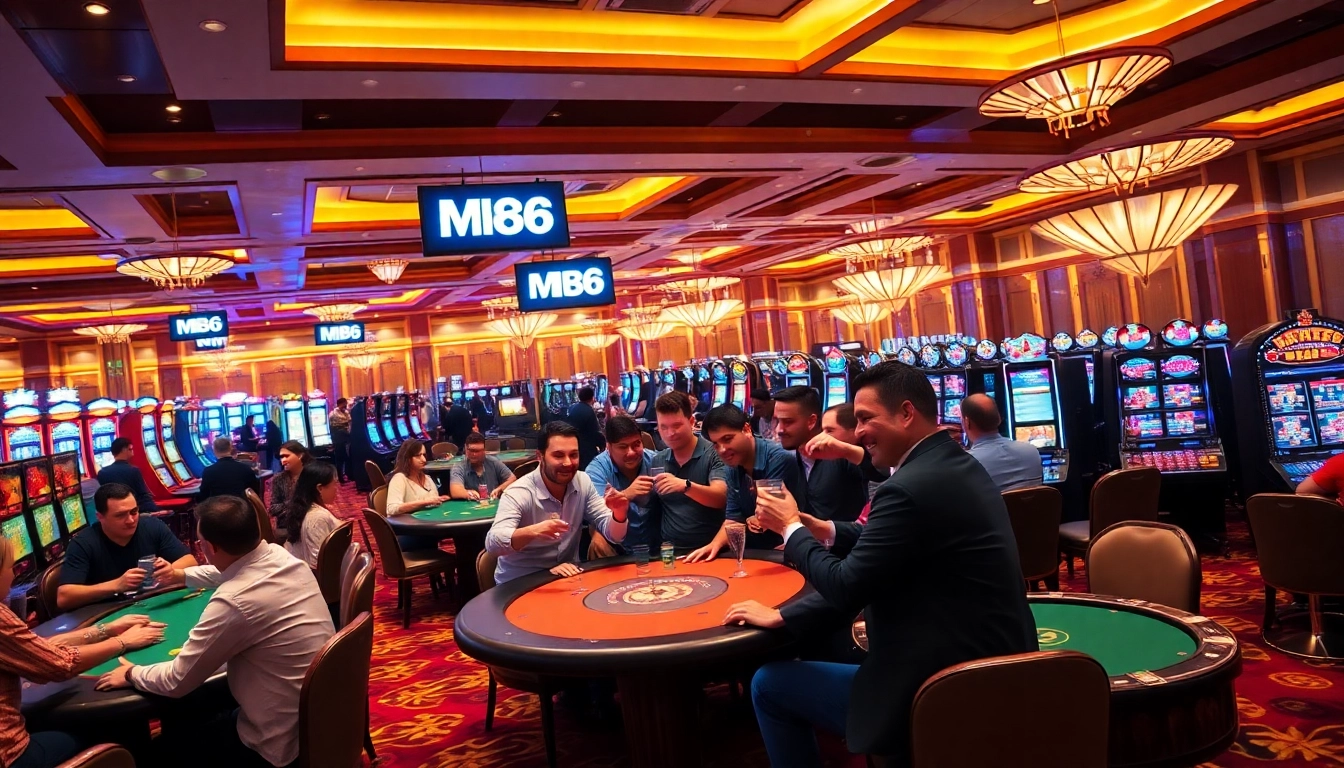 Experience the excitement of MB66 gaming with players celebrating wins at a luxurious casino.