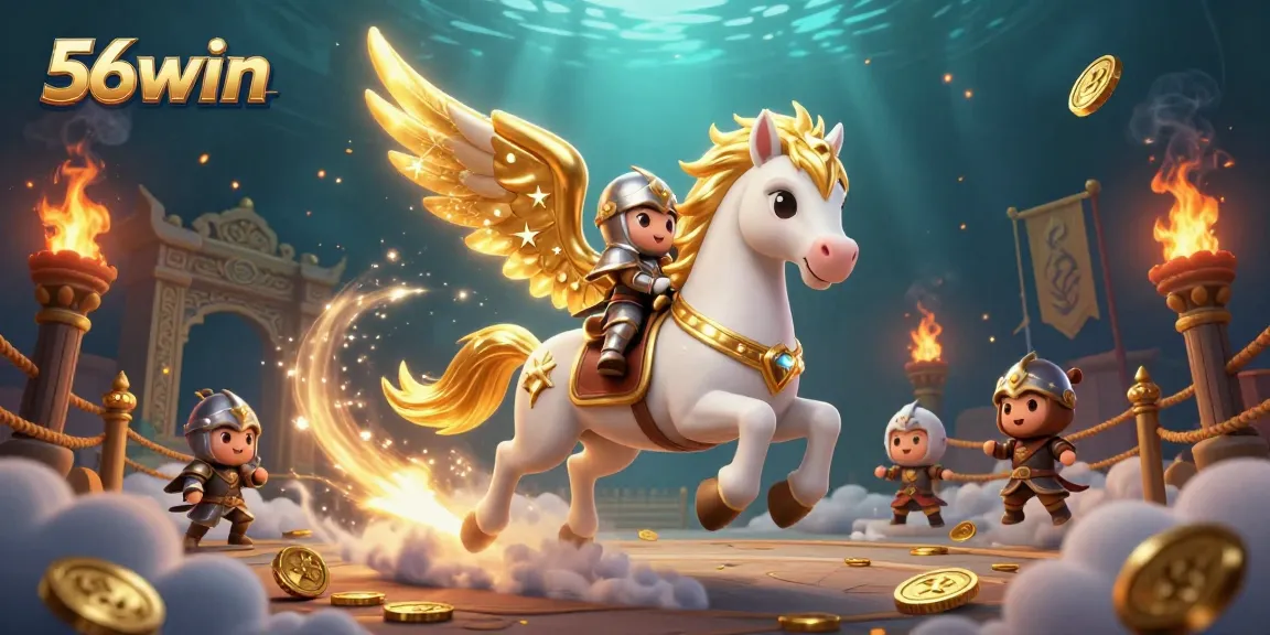 Experience the thrill of 56win with a galloping knight and celestial horse in this dynamic casino scene.