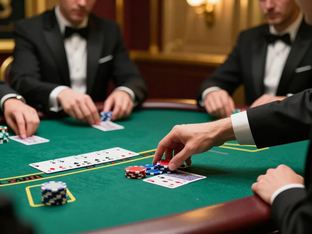 one88 players strategizing their bets at an intense blackjack table in a luxurious casino