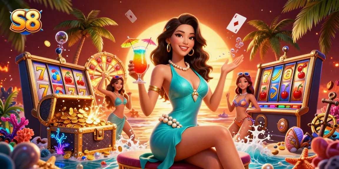 S8 slot game action featuring a stunning Asian woman enjoying casino ambiance at a beach resort.