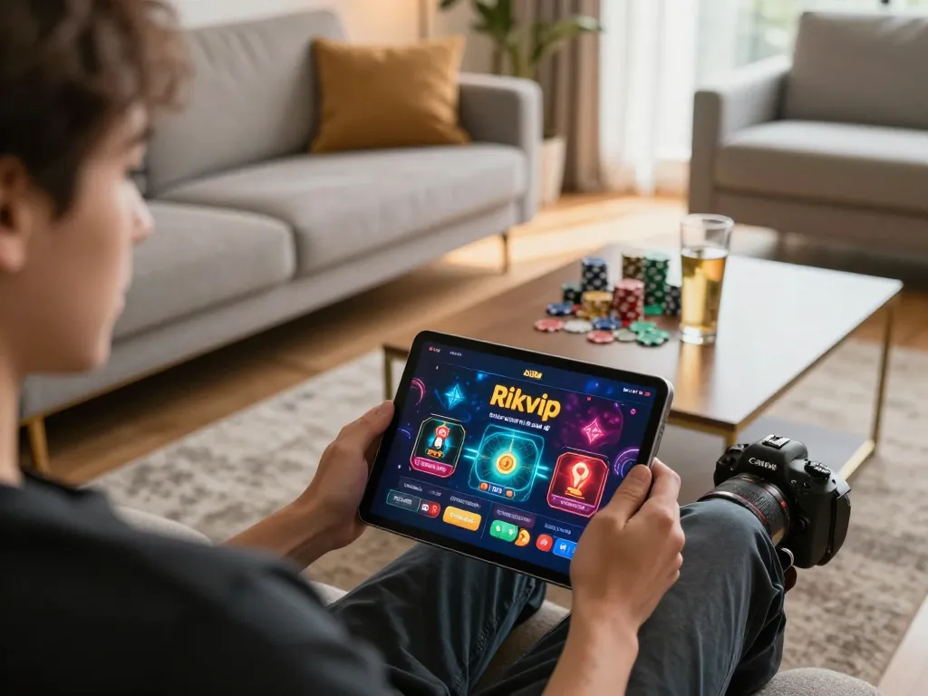Engaging with the Rikvip casino app on a tablet during a cozy home gaming session, showcasing vibrant gameplay.