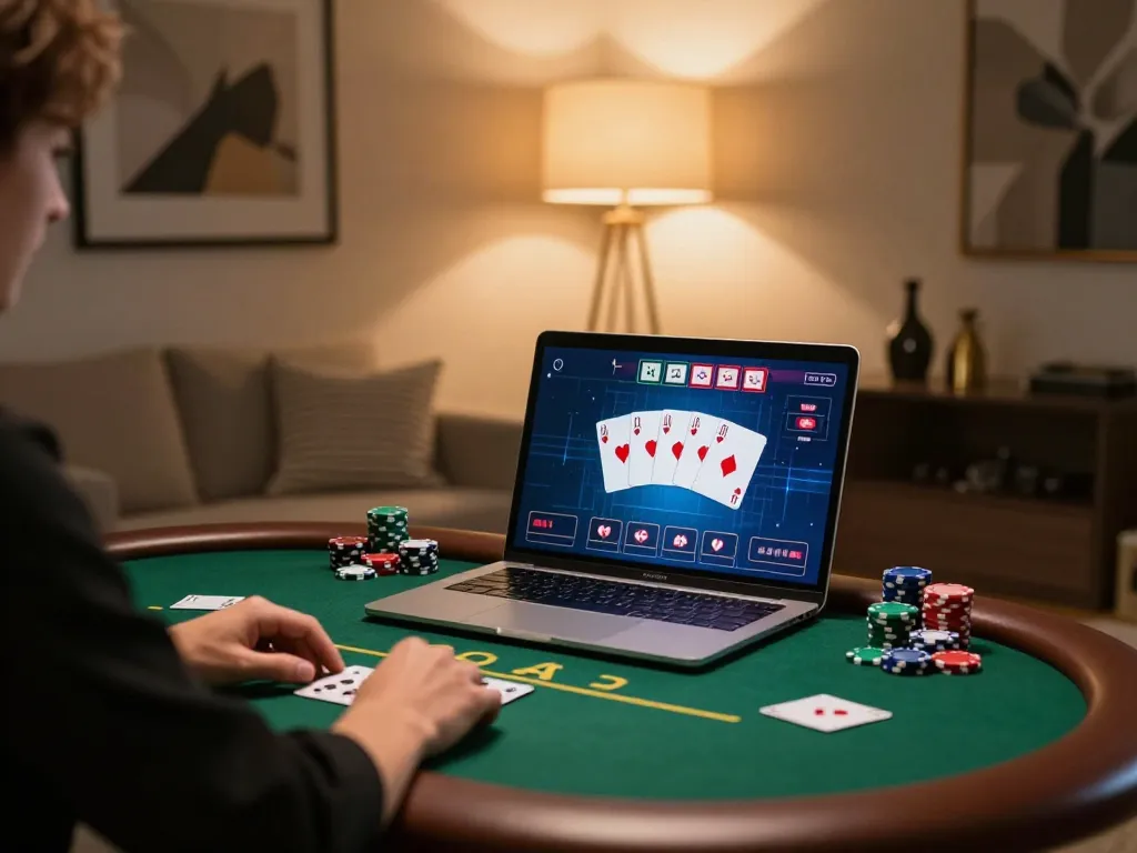 Engaging in live poker online with lucky88a on a laptop, showcasing a strategic gaming atmosphere.