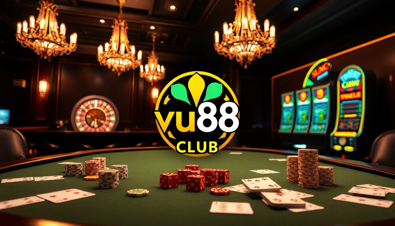 Experience thrilling bets at the vu88 club with a luxurious poker table and vibrant casino elements.