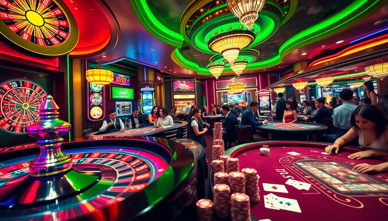 A lively casino atmosphere showcasing excitement and engagement at nhà cái jun88, with poker tables and roulette wheels.