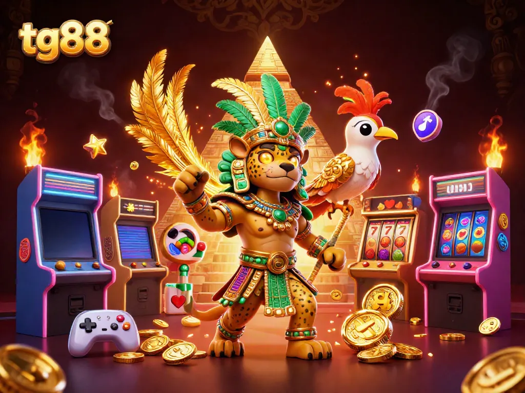 Experience vibrant gaming with tg88’s Mayan-inspired illustration, showcasing slots and character elements.