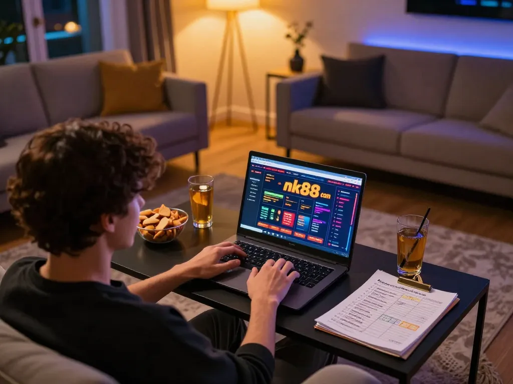 Player immersed in nk88 com online gaming experience, showcasing a warm living room with strategic betting notes.
