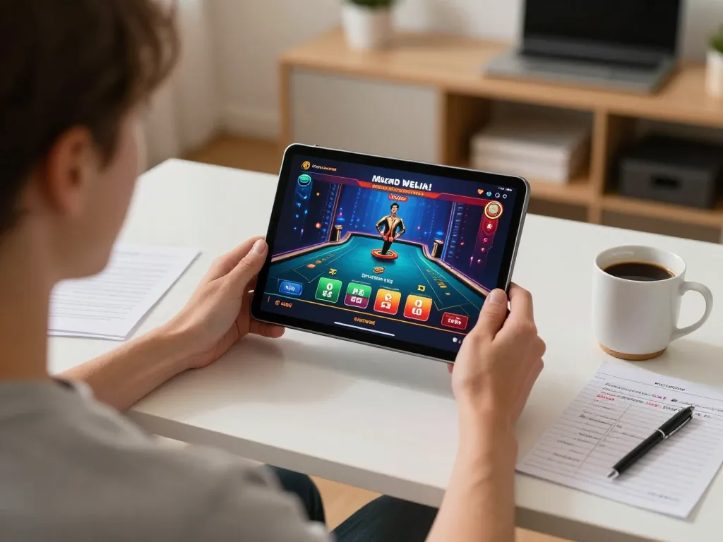 Engaging tablet gaming session on okking1 with warm home atmosphere and strategic notes
