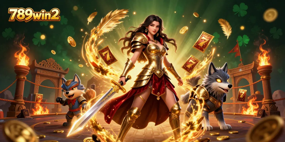 Experience thrilling gameplay at 789win2 with a warrior queen and glowing wolf amid a dynamic casino scene.