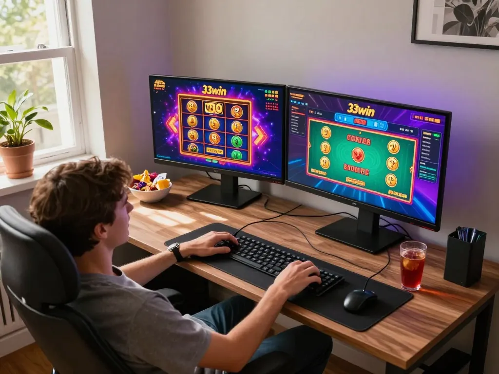 Engaged user plays 33win's exciting online slots and table games from a cozy home setup