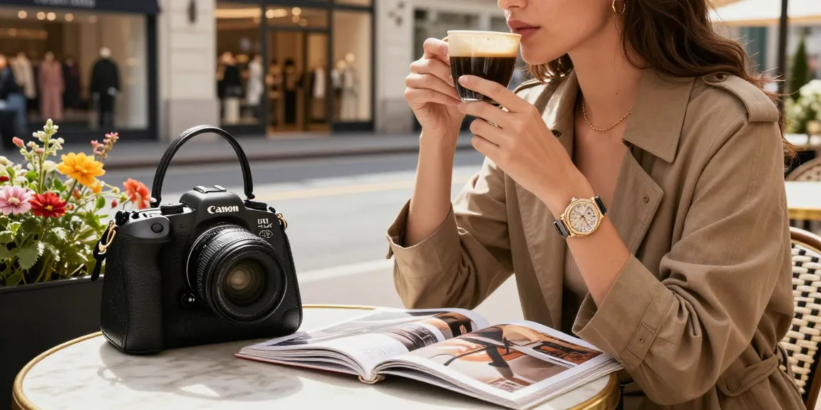 Stylish individual enjoying espresso at café with a replica watch visible.