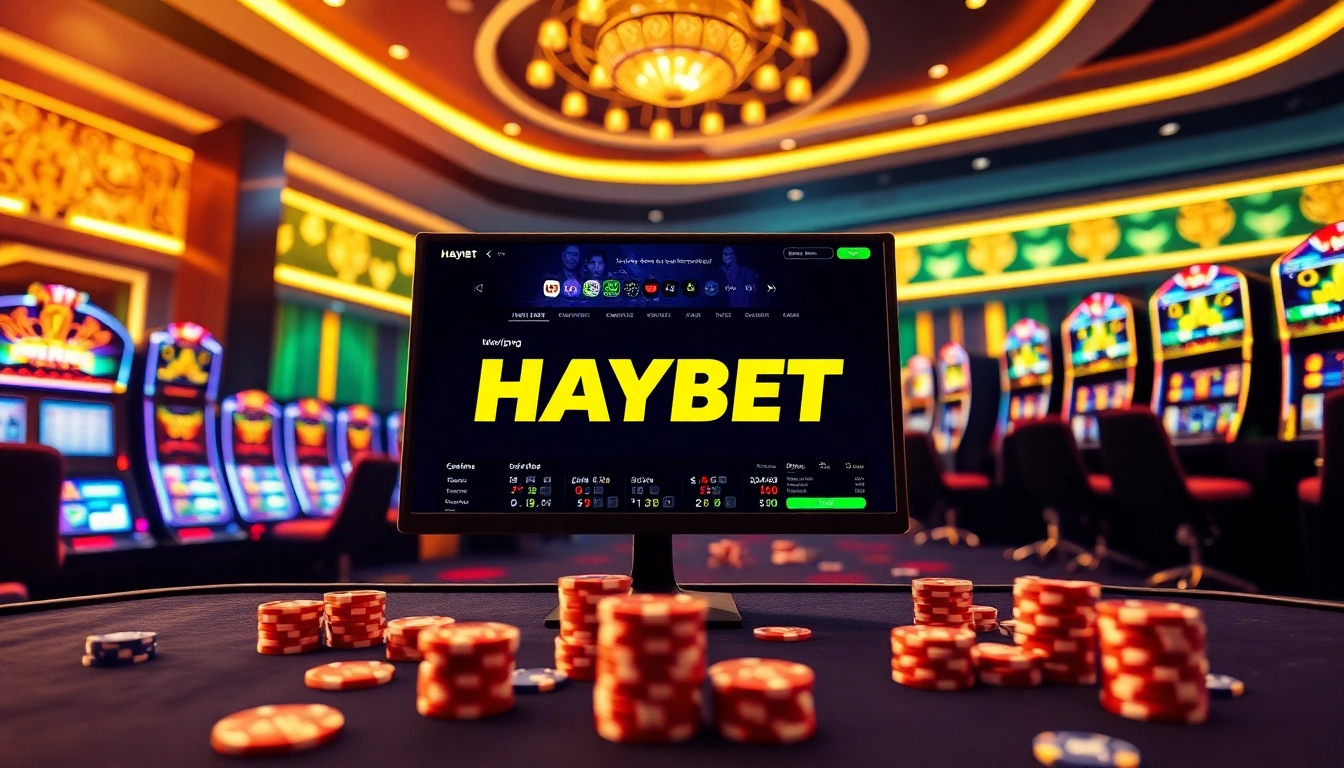 Exciting HAYBET online casino scene with luxury decor, tables, chips, and vibrant colors.
