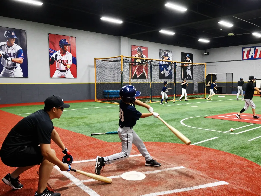 Young athletes training at Hit Club baseball facility, practicing batting and improving skills.