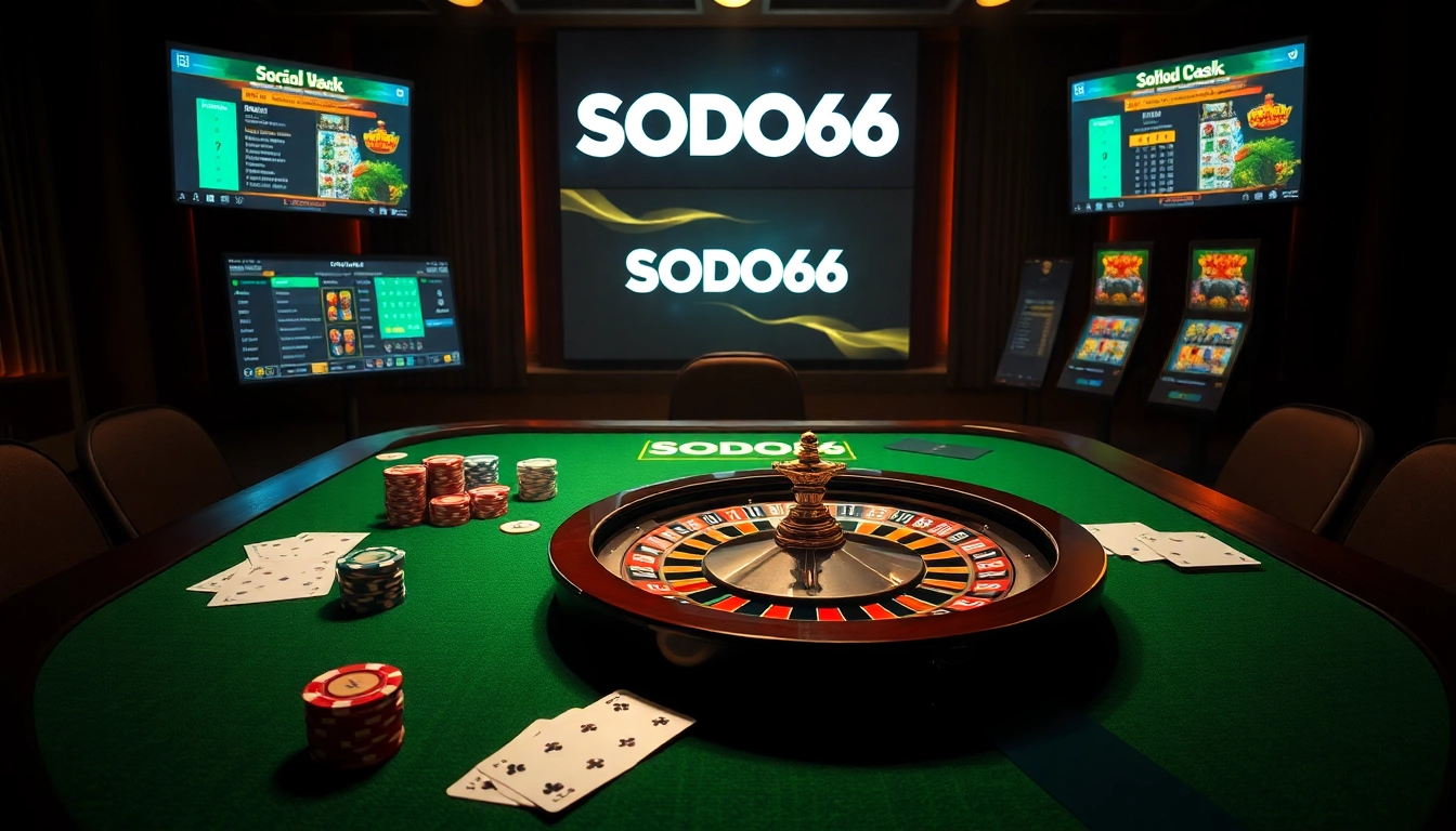 SODO66 engaging casino scene with poker chips and a roulette wheel, highlighting online gambling.