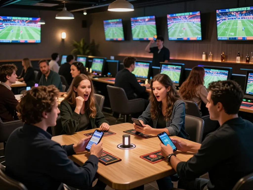 Exciting lively environment at a sports betting lounge showcasing kèo nhà cái hôm nay.