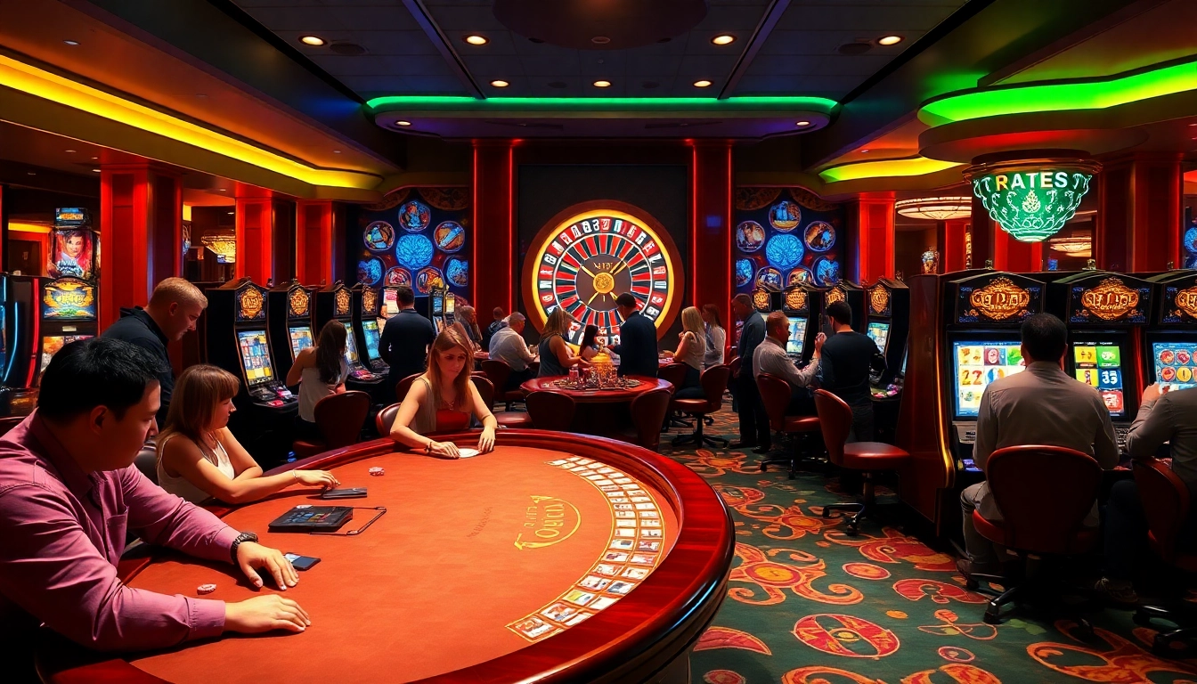 Excited players engaging at the f168.me casino, showcasing vibrant slot machines and poker games.