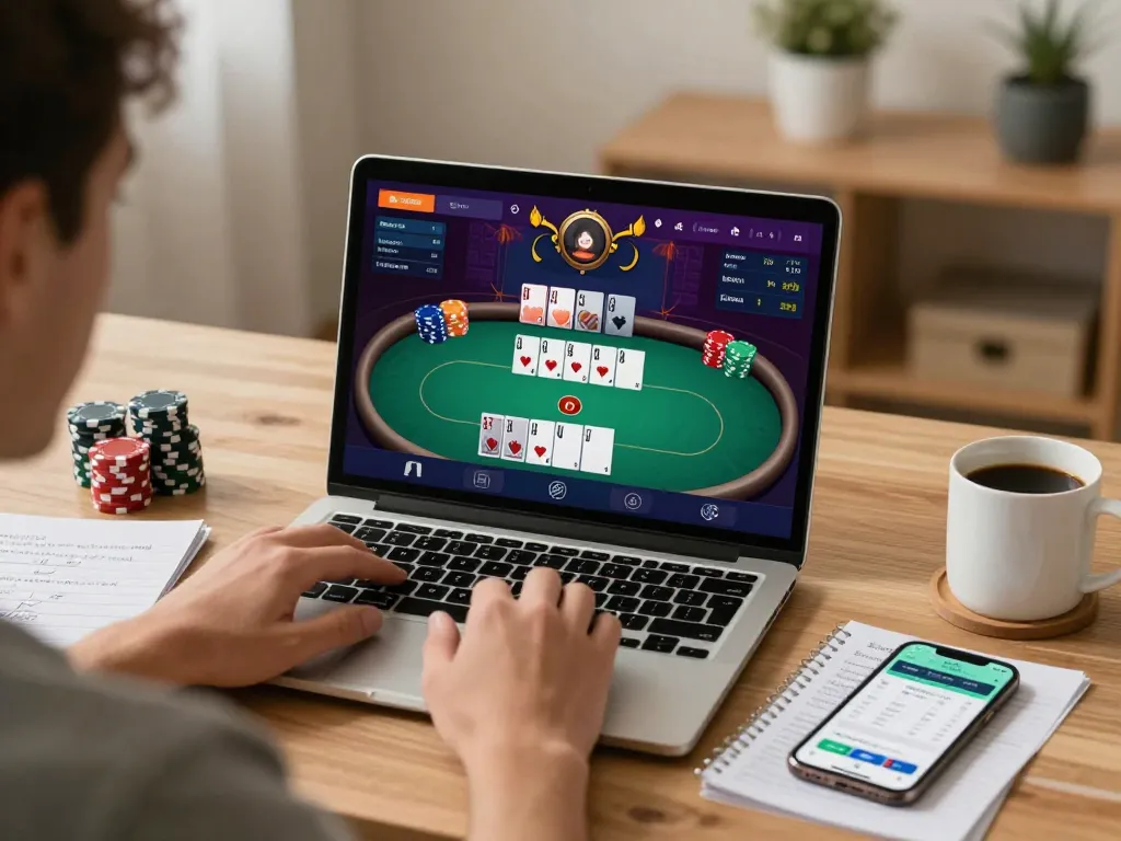 Player using vipwin777 at home for an engaging online poker game strategy