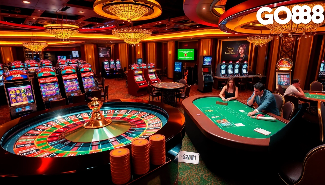 GO88 players enjoying a thrilling casino environment filled with roulette, slots, and poker tables.