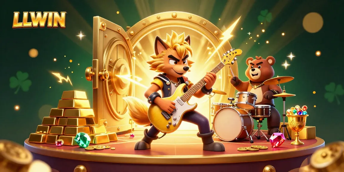 LLWIN showcases a vibrant casino atmosphere with a rock star wolf and a wild bear amid gold treasures.